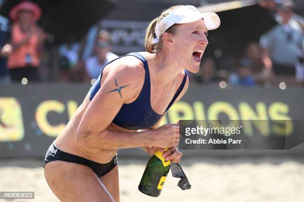 Emily Day celebrates after defeating April Ross and Caitlin Ledoux during the Women's Championship game of the AVP Seattle Open at Lake Sammamish...