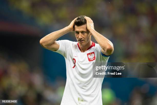 Robert Lewandowski of Poland in action during the 2018 FIFA World Cup Russia Group H match between Poland and Colombia at the Kazan Arena in Kazan,...