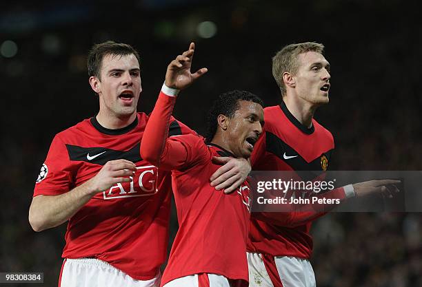 Nani of Manchester United celebrates scoring their third goal during the UEFA Champions League Quarter-Final Second Leg match between Manchester...