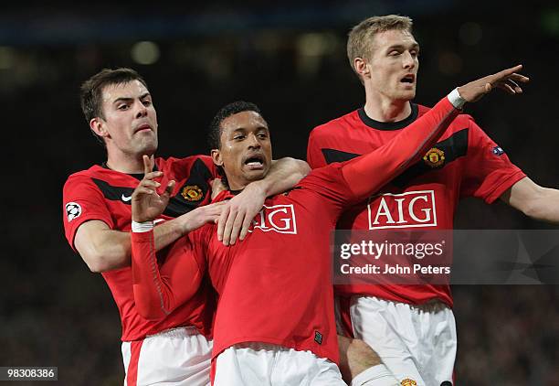 Nani of Manchester United celebrates scoring their third goal during the UEFA Champions League Quarter-Final Second Leg match between Manchester...