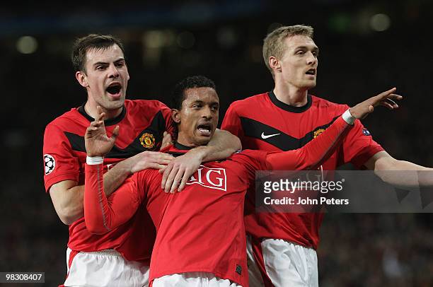 Nani of Manchester United celebrates scoring their third goal during the UEFA Champions League Quarter-Final Second Leg match between Manchester...