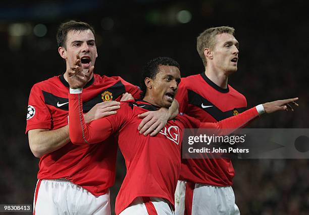 Nani of Manchester United celebrates scoring their third goal during the UEFA Champions League Quarter-Final Second Leg match between Manchester...