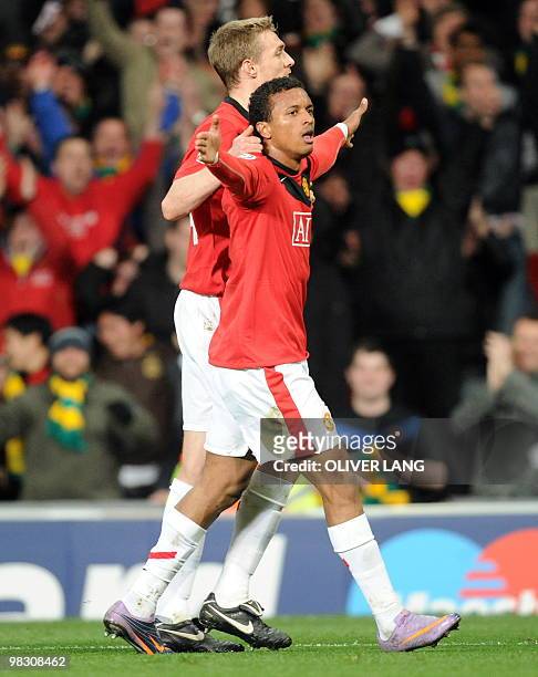 Manchester United's Portugese midfielder Nani celebrates his second goal during the UEFA Champions League second leg quarter-final football match...