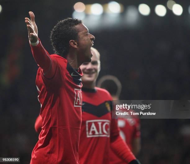 Nani of Manchester United celebrates scoring their third goal during the UEFA Champions League Quarter-Final Second Leg match between Manchester...