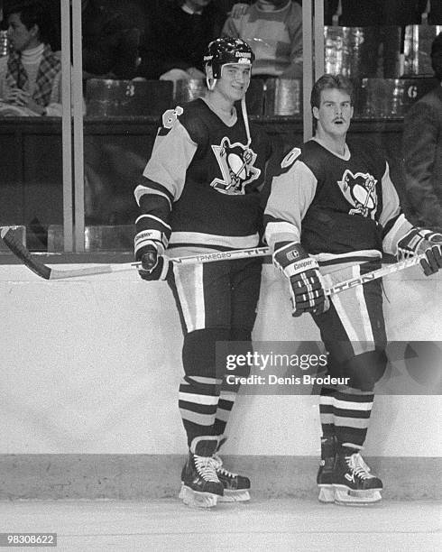 Mario Lemieux of the Pittsburgh Penguins skates against the Montreal Canadiens in the 1980's at the Montreal Forum in Montreal, Quebec, Canada.