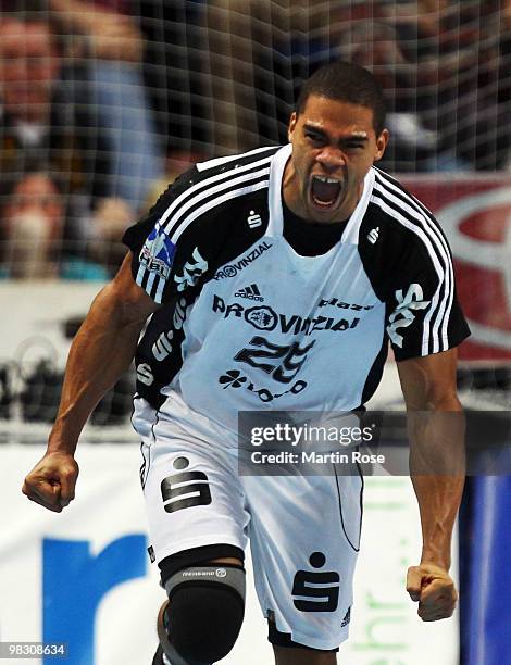 Daniel Narcisse of Kiel celebrates after scoring during the Toyota Handball Bundesliga match between THW Kiel and SG Flensburg-Handewitt at the...