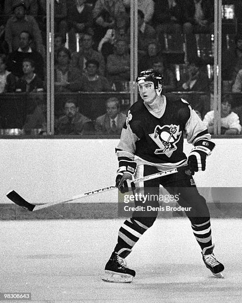 Mario Lemieux of the Pittsburgh Penguins skates against the Montreal Canadiens in the 1980's at the Montreal Forum in Montreal, Quebec, Canada.