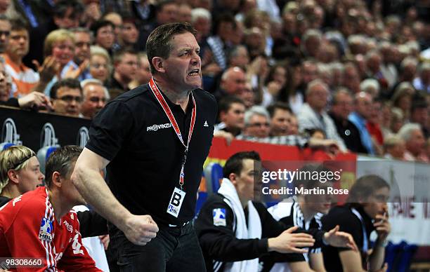 Alfred Gislason, head coach of Kiel reacts during the Toyota Handball Bundesliga match between THW Kiel and SG Flensburg-Handewitt at the Sparkassen...