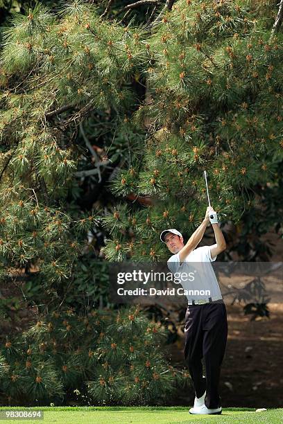 Ross Fisher of England hits a shot during the Par 3 Contest prior to the 2010 Masters Tournament at Augusta National Golf Club on April 7, 2010 in...