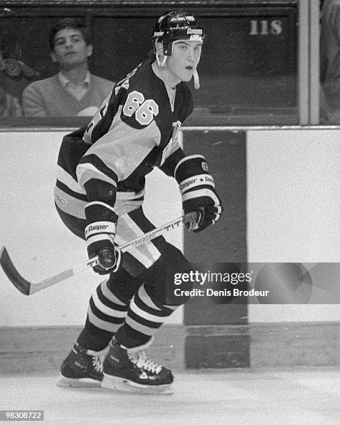 Mario Lemieux of the Pittsburgh Penguins skates against the Montreal Canadiens in the 1980's at the Montreal Forum in Montreal, Quebec, Canada.