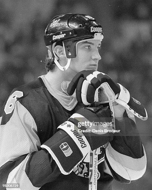 Mario Lemieux of the Pittsburgh Penguins skates against the Montreal Canadiens in the 1980's at the Montreal Forum in Montreal, Quebec, Canada.