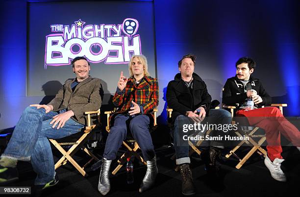 Julian Barratt, Noel Fielding, Dave Brown and Michael Fielding of The Mighty Boosh meet fans at The Apple Store on Regents Street on April 7, 2010 in...