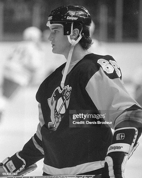 Mario Lemieux of the Pittsburgh Penguins skates against the Montreal Canadiens in the 1980's at the Montreal Forum in Montreal, Quebec, Canada.