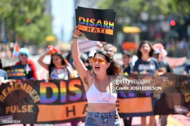 Sara Warner shows support while marching during the San Francisco gay pride parade in San Francisco, California on June 2018.