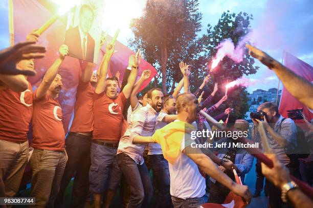 Erdogan's supporters celebrate outside the AK party headquarters on June 24, 2018 in Istanbul, Turkey. Turkey's President Recep Tayyip Erdogan has...