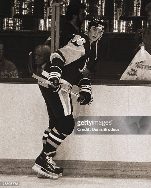 Mario Lemieux of the Pittsburgh Penguins skates against the Montreal Canadiens in the 1980's at the Montreal Forum in Montreal, Quebec, Canada.