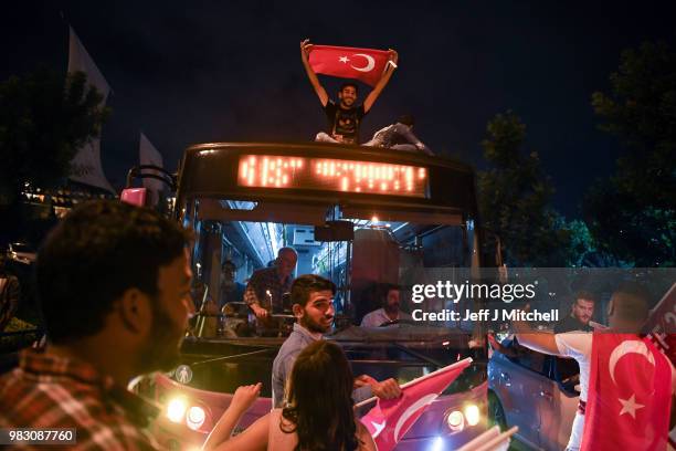 Erdogan's supporters celebrate outside the AK party headquarters on June 24, 2018 in Istanbul, Turkey. Turkey's President Recep Tayyip Erdogan has...