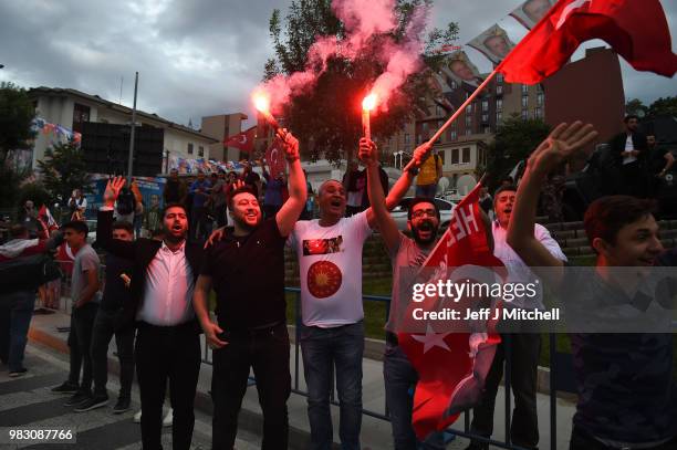 Erdogan's supporters celebrate outside the AK party headquarters on June 24, 2018 in Istanbul, Turkey. Turkey's President Recep Tayyip Erdogan has...