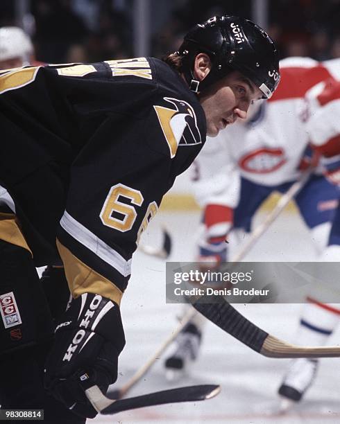 Mario Lemieux of the Pittsburgh Penguins skates against the Montreal Canadiens in the 1990's at the Montreal Forum in Montreal, Quebec, Canada.