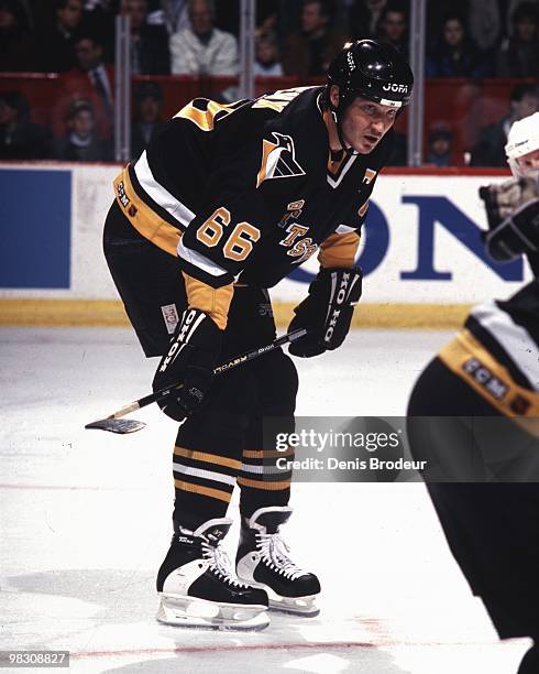 Mario Lemieux of the Pittsburgh Penguins skates against the Montreal Canadiens in the 1990's at the Montreal Forum in Montreal, Quebec, Canada.