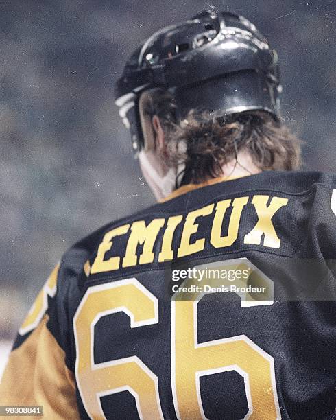 Mario Lemieux of the Pittsburgh Penguins skates against the Montreal Canadiens in the 1980's at the Montreal Forum in Montreal, Quebec, Canada.