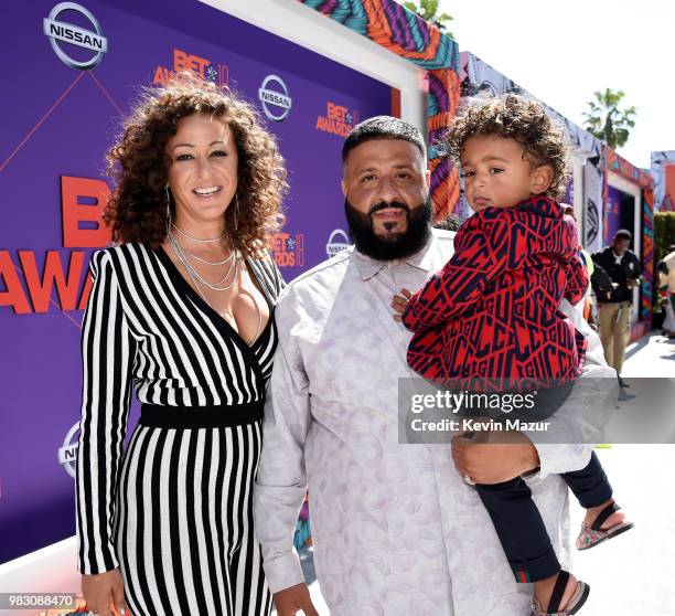 Nicole Tuck, DJ Khaled, and Asahd Tuck Khaled attend the 2018 BET Awards at Microsoft Theater on June 24, 2018 in Los Angeles, California.