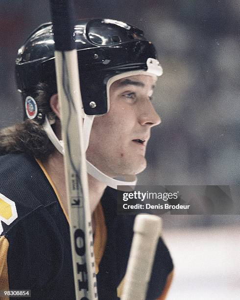 Mario Lemieux of the Pittsburgh Penguins skates against the Montreal Canadiens in the 1980's at the Montreal Forum in Montreal, Quebec, Canada.