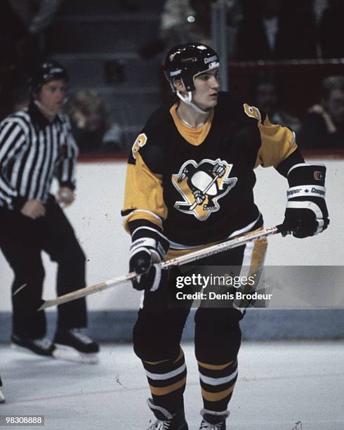 Mario Lemieux of the Pittsburgh Penguins skates against the Montreal Canadiens in the 1990's at the Montreal Forum in Montreal, Quebec, Canada.