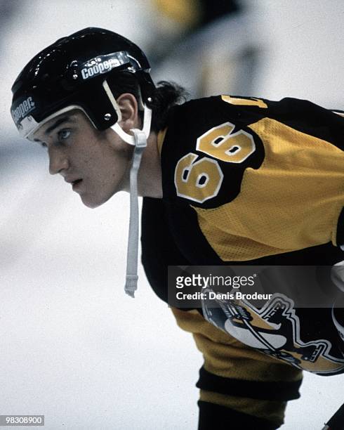 Mario Lemieux of the Pittsburgh Penguins skates against the Montreal Canadiens in the 1980's at the Montreal Forum in Montreal, Quebec, Canada.