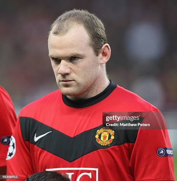 Wayne Rooney of Manchester United lines up ahead of the UEFA Champions League Quarter-Final Second Leg match between Manchester United and Bayern...