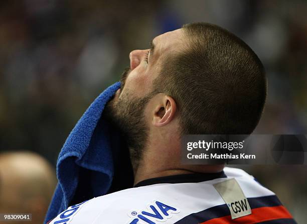 Jeff Friesen of Berlin is seen during the fifth DEL quarter final play-off game between Eisbaeren Berlin and Augsburger Panther at O2 World on April...