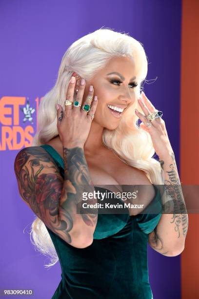 Amber Rose, tattoo and jewelry details, attends the 2018 BET Awards at Microsoft Theater on June 24, 2018 in Los Angeles, California.