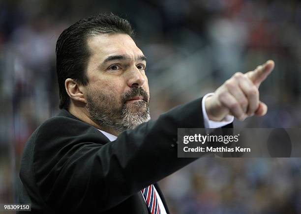 Head coach Larry Mitchell of Augsburg is seen during the fifth DEL quarter final play-off game between Eisbaeren Berlin and Augsburger Panther at O2...