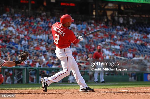 Willy Taveras of the Washington Nationals takes a swing during a baseball game against the Philadelphia Phillies on April 5, 2010 at Nationals Park...