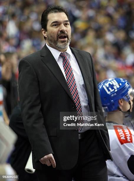 Head coach Larry Mitchell of Augsburg is seen during the fifth DEL quarter final play-off game between Eisbaeren Berlin and Augsburger Panther at O2...