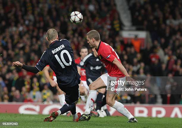 Arjen Robben of Bayern Munich scores their second goal during the UEFA Champions League Quarter-Final Second Leg match between Manchester United and...