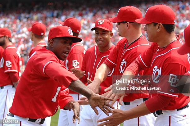 Nyjer Morgan of the Washington Nationals is introducted before a baseball game against the Philadelphia Phillies on April 5, 2010 at Nationals Park...