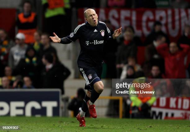 Arjen Robben of Bayern Muenchen celebrates scoring his team's second goal during the UEFA Champions League Quarter Final second leg match between...