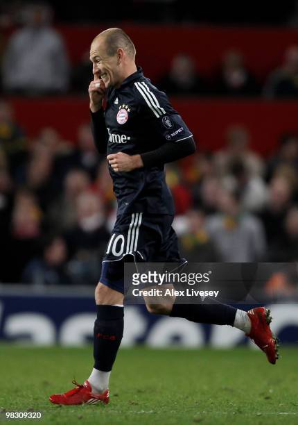 Arjen Robben of Bayern Muenchen celebrates scoring his team's second goal during the UEFA Champions League Quarter Final second leg match between...
