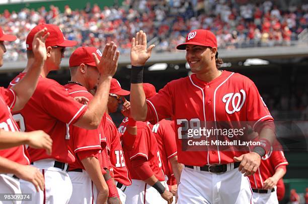 Mike Morse of the Washington Nationals is introducted before a baseball game against the Philadelphia Phillies on April 5, 2010 at Nationals Park in...
