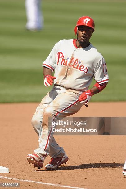 Jmmy Rollins of the Philadelphia Phillies stops at third base during a baseball game against the Washington Nationals on April 5, 2010 at Nationals...