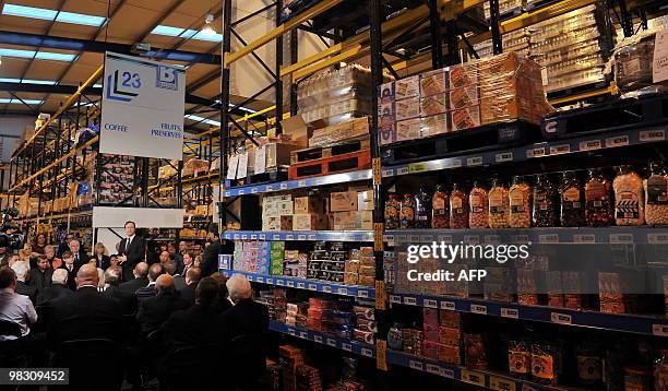 British Conservative Party leader David Cameron speaks to an audience of supporters at a Bestway cash and carry in Cardiff, Wales on April 7, 2010....