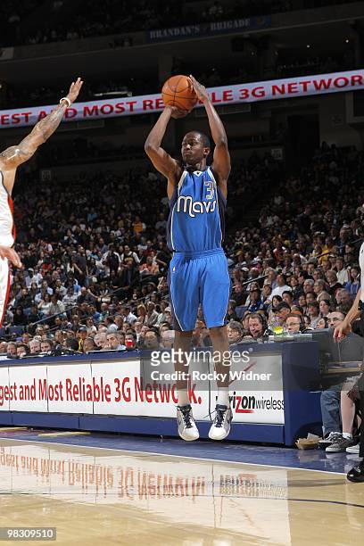 Rodrigue Beaubois of the Dallas Mavericks shoots a jump shot during the game against the Golden State Warriors at Oracle Arena on March 27, 2010 in...