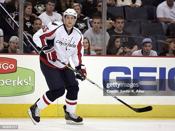 Jeff Schultz of the Washington Capitals skates against the Pittsburgh Penguins at Mellon Arena on April 6, 2010 in Pittsburgh, Pennsylvania. The...