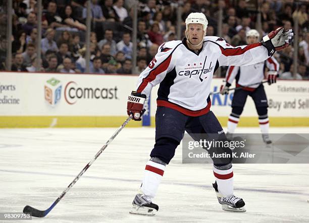 Jason Chimera of the Washington Capitals skates against the Pittsburgh Penguins at Mellon Arena on April 6, 2010 in Pittsburgh, Pennsylvania. The...