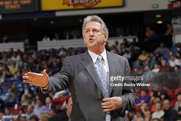 Head coach Paul Westphal of the Sacramento Kings calls a play from the sidelines during the game against the Milwaukee Bucks at Arco Arena on March...