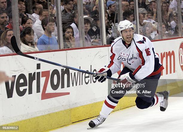 Eric Fehr of the Washington Capitals skates against the Pittsburgh Penguins at Mellon Arena on April 6, 2010 in Pittsburgh, Pennsylvania. The...