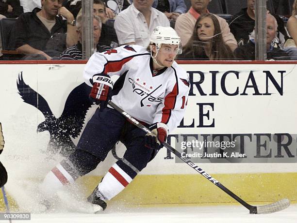 Tomas Fleischmann of the Washington Capitals handles the puck against the Pittsburgh Penguins at Mellon Arena on April 6, 2010 in Pittsburgh,...