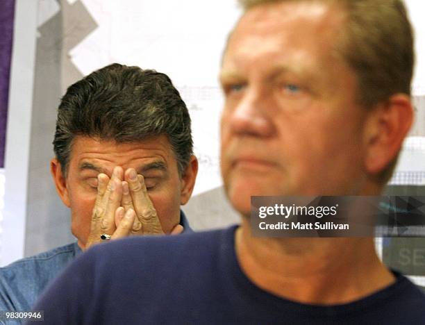 West Virginia Governor Joe Manchin rubs his eyes as Kevin Stricklin, an administrator for the Federal Mine Safety and Health Administration, speaks...