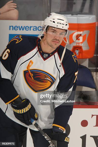 Evgeny Artukhin of the Atlant Thrashers looks on during warms ups of a NHL hockey game against the Washington Capitals on April 1, 2010 at the...